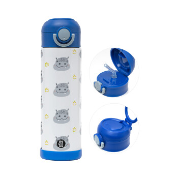 Hippo, Children's hot water bottle, stainless steel, with safety straw, BLUE (500ml)