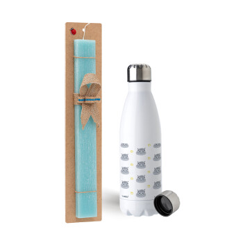 Hippo, Easter Set, metallic stainless steel water bottle (750ml) & aromatic flat Easter candle (30cm) (TURQUOISE)