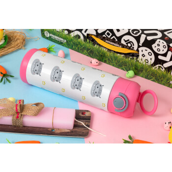 Hippo, Easter candle, Childrens hot water bottle, stainless steel, with safety straw, PINK (500ml)