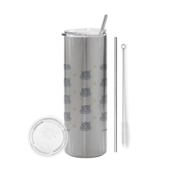 Hippo, Eco friendly stainless steel Silver tumbler 600ml, with metal straw & cleaning brush
