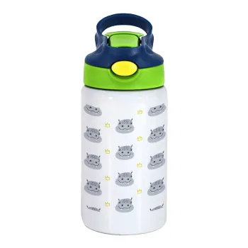 Hippo, Children's hot water bottle, stainless steel, with safety straw, green, blue (350ml)