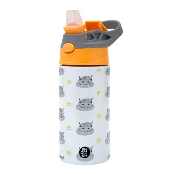 Hippo, Children's hot water bottle, stainless steel, with safety straw, Orange/Grey (360ml) BPA-FREE