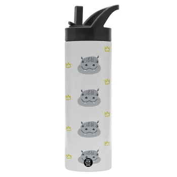 Hippo, Metallic thermos bottle with straw & handle, stainless steel (Stainless steel 304), double-walled, 600ml.