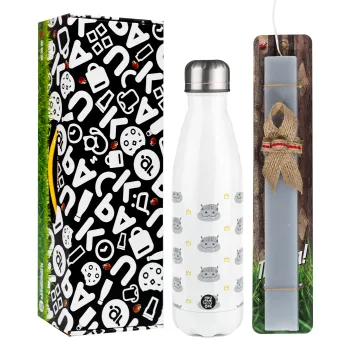 Hippo, Easter candle, metallic white thermos bottle (500ml) & aromatic flat candle (30cm) (GRAY)