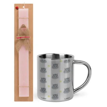 Hippo, Easter Set, metallic thermal cup (300ml) & aromatic flat Easter candle (30cm) (PINK)