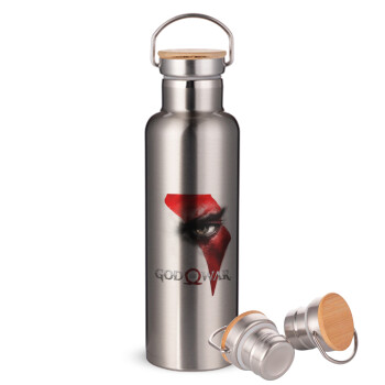 God of war Stratos, Μεταλλικό παγούρι θερμός (Stainless steel) Ασημένιο με ξύλινο καπακι (bamboo), διπλού τοιχώματος, 750ml