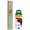 Easter Set, Children's thermal stainless steel bottle with safety straw, green/blue (350ml) & aromatic flat Easter candle (30cm) (TURQUOISE)