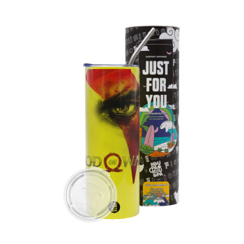 God of war Stratos, Neon Yellow Travel Tumbler θερμό, μεταλλικό καλαμάκι(Ανωξείδωτο 304 Food grade, BPA free, 600ml)