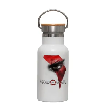 God of war Stratos, Μεταλλικό παγούρι θερμός (Stainless steel) Λευκό με ξύλινο καπακι (bamboo), διπλού τοιχώματος, 350ml