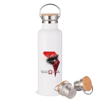 God of war Stratos, Μεταλλικό παγούρι θερμός (Stainless steel) Λευκό με ξύλινο καπάκι (bamboo), διπλού τοιχώματος, 750ml