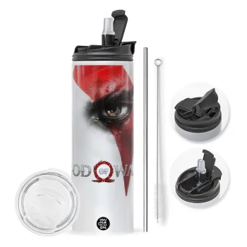 God of war Stratos, Travel Tumbler 2 Lids, with metal straw & cleaning brush (Stainless steel 304 Food grade, BPA free, 600ml)