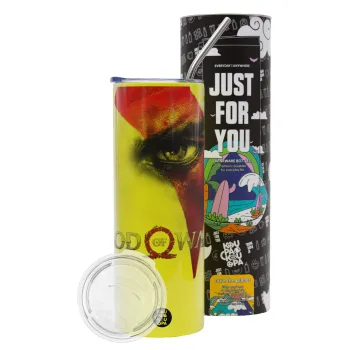 God of war Stratos, Neon Yellow Travel Tumbler θερμό, μεταλλικό καλαμάκι(Ανωξείδωτο 304 Food grade, BPA free, 600ml)
