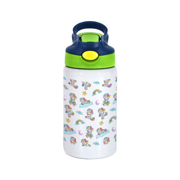 Unicorn pattern, Children's hot water bottle, stainless steel, with safety straw, green, blue (350ml)