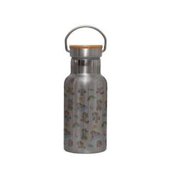 Unicorn pattern, Stainless steel metallic thermos flask, silver with a bamboo lid, double-walled, 350ml.