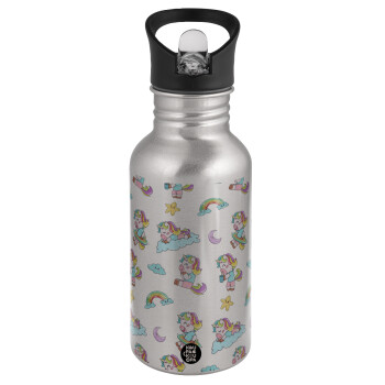 Unicorn pattern, Water bottle Silver with straw, stainless steel 500ml
