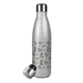 Unicorn pattern, Μεταλλικό παγούρι θερμός Glitter Aσημένιο (Stainless steel), διπλού τοιχώματος, 500ml