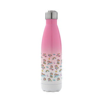 Unicorn pattern, Metal mug thermos Pink/White (Stainless steel), double wall, 500ml