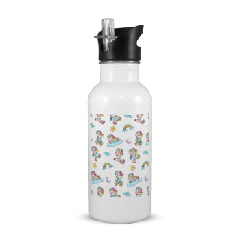 Unicorn pattern, White water bottle with straw, stainless steel 600ml