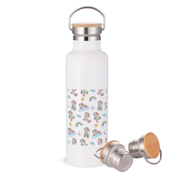 Unicorn pattern, Stainless steel White with wooden lid (bamboo), double wall, 750ml