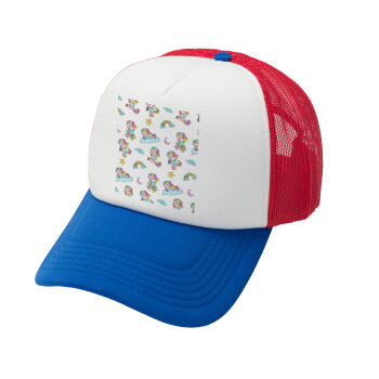 Unicorn pattern, Καπέλο Soft Trucker με Δίχτυ Red/Blue/White 