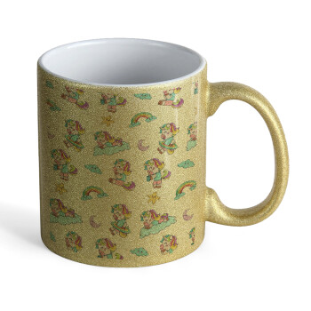 Unicorn pattern, Κούπα Χρυσή Glitter που γυαλίζει, κεραμική, 330ml