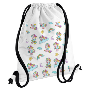 Unicorn pattern, Backpack pouch GYMBAG white, with pocket (40x48cm) & thick cords