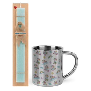 Unicorn pattern, Easter Set, metallic thermal cup (300ml) & aromatic flat Easter candle (30cm) (TURQUOISE)