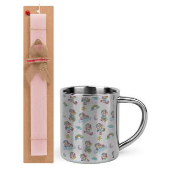 Unicorn pattern, Easter Set, metallic thermal cup (300ml) & aromatic flat Easter candle (30cm) (PINK)
