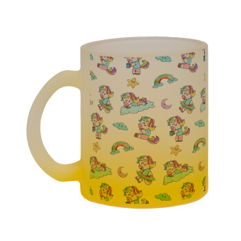 Unicorn pattern, Κούπα γυάλινη δίχρωμη με βάση το κίτρινο ματ, 330ml
