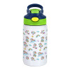 Children's hot water bottle, stainless steel, with safety straw, green, blue (350ml)