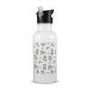 White water bottle with straw, stainless steel 600ml