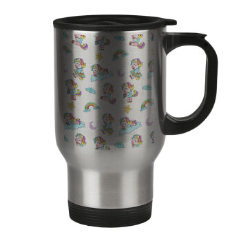 Unicorn pattern, Stainless steel travel mug with lid, double wall 450ml