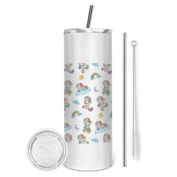 Unicorn pattern, Eco friendly stainless steel tumbler 600ml, with metal straw & cleaning brush