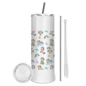 Unicorn pattern, Tumbler ποτήρι θερμό από ανοξείδωτο ατσάλι 600ml, με μεταλλικό καλαμάκι & βούρτσα καθαρισμού