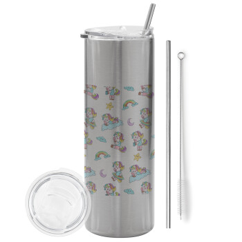Unicorn pattern, Tumbler ποτήρι θερμό Ασημένιο από ανοξείδωτο ατσάλι 600ml, με μεταλλικό καλαμάκι & βούρτσα καθαρισμού