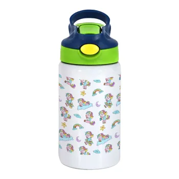 Unicorn pattern, Children's hot water bottle, stainless steel, with safety straw, green, blue (350ml)