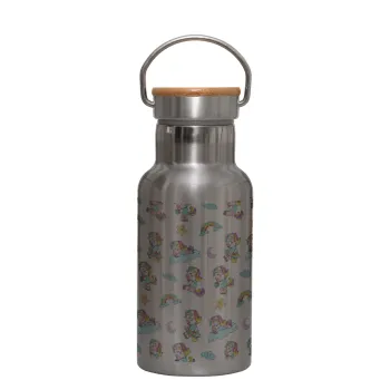 Unicorn pattern, Stainless steel metallic thermos flask, silver with a bamboo lid, double-walled, 350ml.