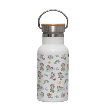 Unicorn pattern, Metallic thermos (Stainless steel) White with wooden lid (bamboo), double-walled, 350ml
