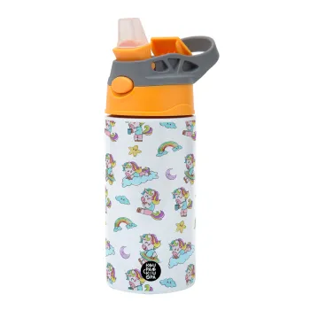 Unicorn pattern, Παιδικό παγούρι θερμό, ανοξείδωτο, με καλαμάκι ασφαλείας, Πορτοκαλί/Γκρι (360ml) BPA-FREE