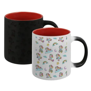 Unicorn pattern, Κούπα Μαγική εσωτερικό κόκκινο, κεραμική, 330ml που αλλάζει χρώμα με το ζεστό ρόφημα