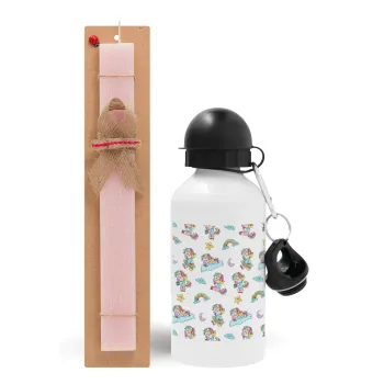 Unicorn pattern, Easter Set, metallic aluminum bottle (500ml) & aromatic flat Easter candle (30cm) (PINK)