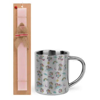 Unicorn pattern, Easter Set, metallic thermal cup (300ml) & aromatic flat Easter candle (30cm) (PINK)