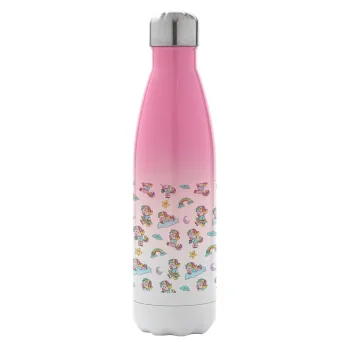 Unicorn pattern, Metal mug thermos Pink/White (Stainless steel), double wall, 500ml