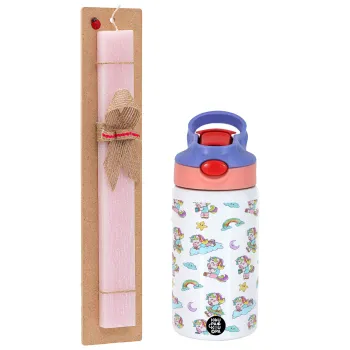 Unicorn pattern, Easter Set, Children's thermal stainless steel water bottle with safety straw, pink/purple (350ml) & Easter scented flat candle (30cm) (PINK)