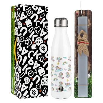 Unicorn pattern, Easter candle, metallic white thermos bottle (500ml) & aromatic flat candle (30cm) (GRAY)