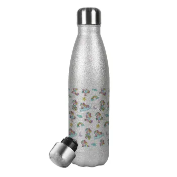 Unicorn pattern, Metallic Glitter Silver Thermos Flask (Stainless steel), double-walled, 500ml