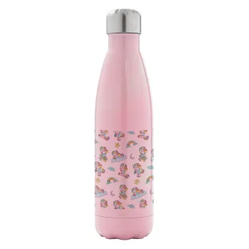 Unicorn pattern, Metal mug thermos Pink Iridiscent (Stainless steel), double wall, 500ml