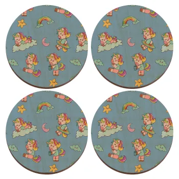 Unicorn pattern, ΣΕΤ x4 Σουβέρ ξύλινα στρογγυλά plywood (9cm)
