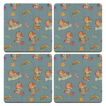 Unicorn pattern, ΣΕΤ x4 Σουβέρ ξύλινα τετράγωνα plywood (9cm)
