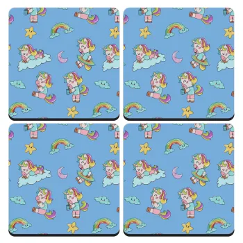 Unicorn pattern, ΣΕΤ 4 Σουβέρ ξύλινα τετράγωνα (9cm)